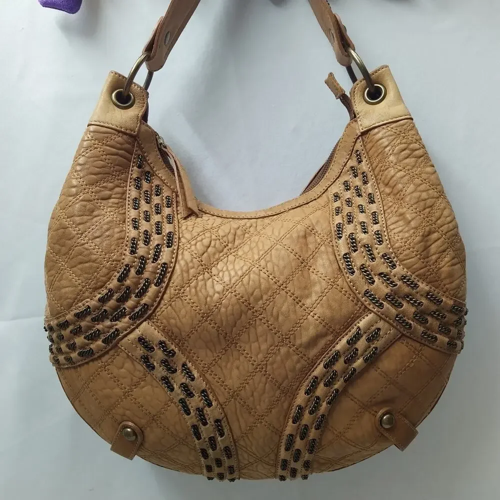 Isabella Fiore Tan Brown Learher Stitching Zipper Closure Hobo Shoulder Bag